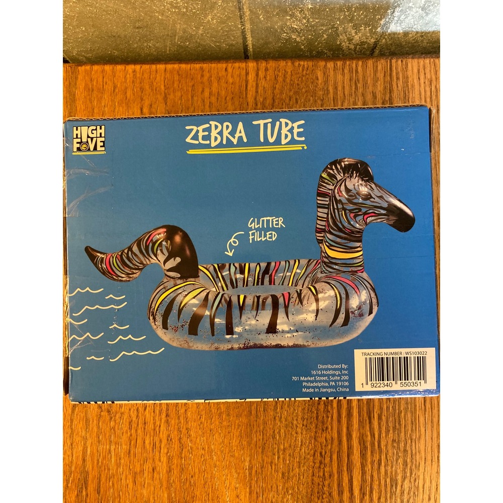 High Five Zebra Tube Glitter Filled Inflatable Pool Float Multi Color Stripe NEW